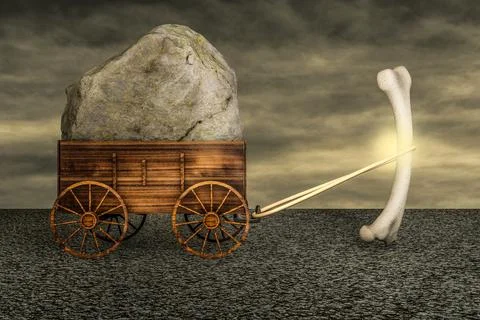 Human thigh bone dragging a farm cart of big heavy stone on asphalt Stock Illustration