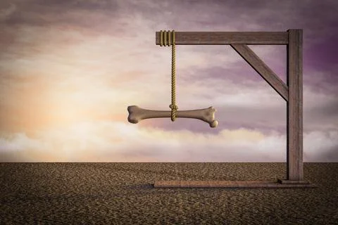 Human thigh bone on Gallows at sunset magenta day demonstrating osteoporosis Stock Illustration