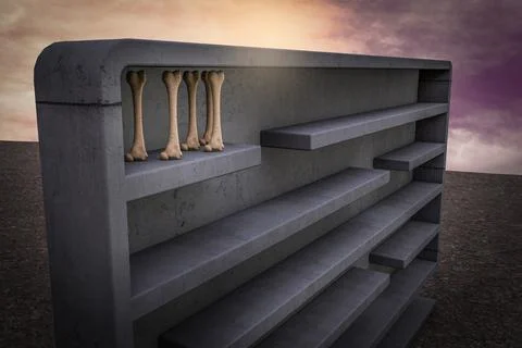 Human thigh bone inside a maze at sunset magenta sky demonstrating Osteoporos Illustrazione stock