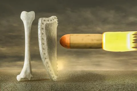 Human thigh bone protecting by shield from a giant bullet on asphalt Stock Illustration