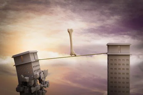 Human thigh bone on a rope with one skyscraper ready to collapse. Stock-Illustration