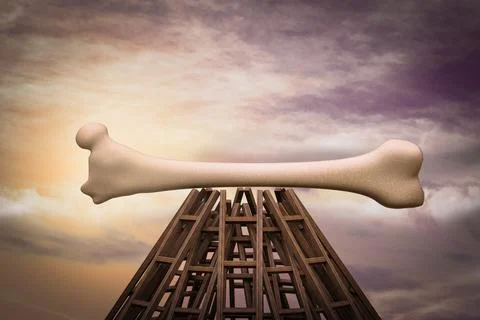 Human thigh bone on top of many ladders together as pyramid. Strong bone Illustrazione stock