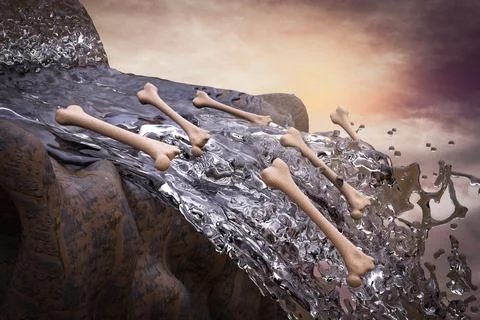 Human thigh bones fall from a waterfall at sunset magenta day demonstrating o Stock Illustration