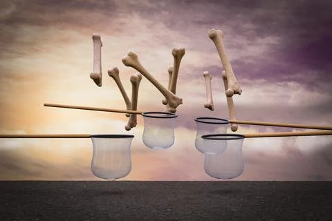 Human thigh bones falling from sky and the nets try to catch them at sunset m Stock Illustration