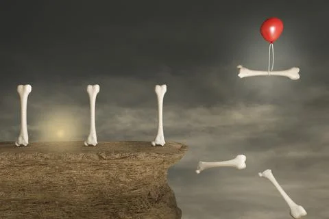 Human thigh bones on a stone cliff with a red balloon help to escape Stock Illustration
