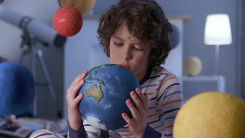 Human Thinking about Flying World or Eco Problem of Nature. Discover Dreamy Play Video stock 199478067