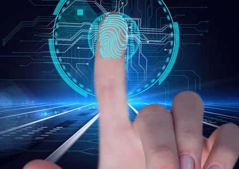 Human thumb over biometric scanner against microprocessor connections on blue 写真素材