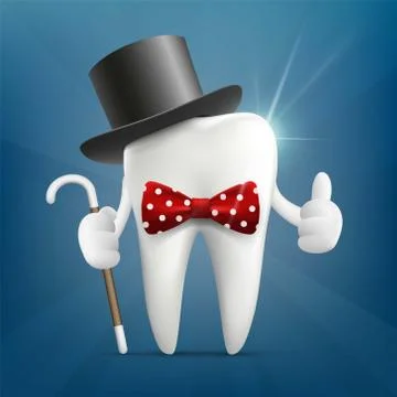 Human tooth in a hat, with a cane and a bow tie. Illustrazione stock