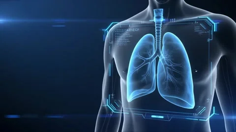 Human torso with glowing blue lungs and trachea on dark background 動画素材 338321469