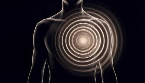 Human torso silhouette with concentric glowing energy rings centered on the.. Stock Illustration