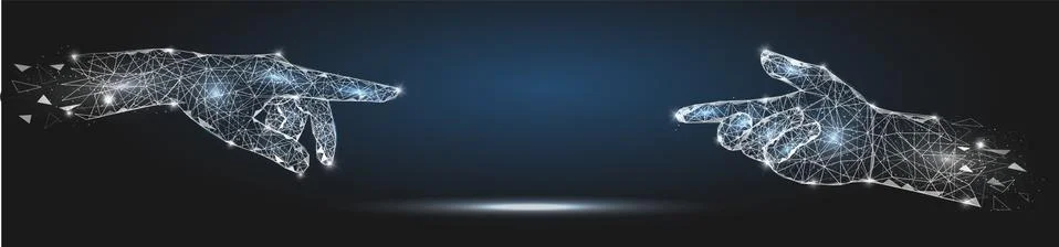 Human touch hands, vector poster banner design template. Low poly art, polygon Stock Illustration