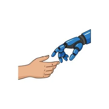 (Human Touch Meets Robotic Future. A natural hand delicately reaches for an.. Illustrazione stock