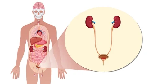 Human urinary system anatomical animation with bladder and kidneys close up.. Stock Footage 332688419