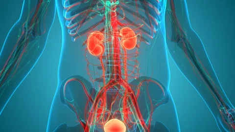 Human Urinary System Kidneys with Bladder Anatomy Animation Concept Stock Footage 143468066