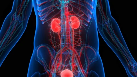 Human Urinary System Kidneys with Bladder Anatomy Animation Concept Vídeo Stock 143468299