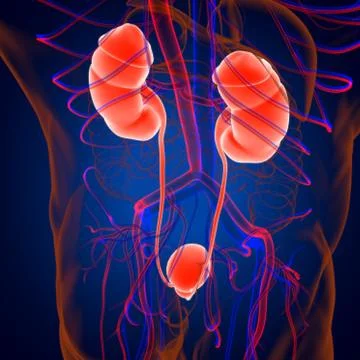 Human Urinary System Kidneys with Bladder Anatomy For Medical Concept 3D Rend Stock Illustration
