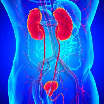 Human Urinary System Kidneys with Bladder Anatomy For Medical Concept 3D Rend Stock Illustration