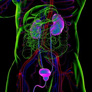 Human Urinary System Kidneys with Bladder Anatomy For Medical Concept 3D Rend Illustrazione stock