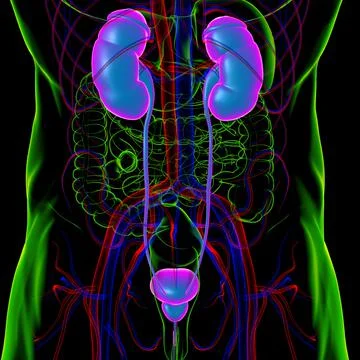 Human Urinary System Kidneys with Bladder Anatomy For Medical Concept 3D Rend Stock Illustration