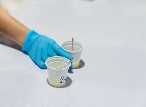 Human urine sample with drug testing strip Foto stock