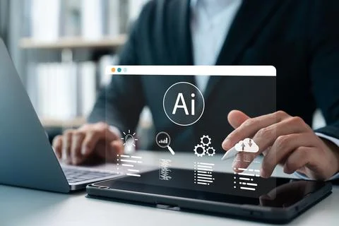 Human Using AI Artificial Intelligence in Work to Help Maximize Efficiency .. Stock Photos