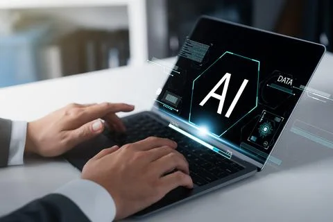 Human Using AI Artificial Intelligence in Work to Help Maximize Efficiency .. Stock Photos