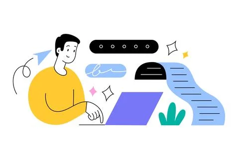 Human using AI chatbot to write a text, young man types a prompt on his laptop 스톡 일러스트