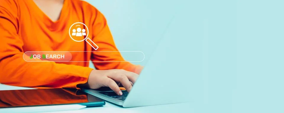 Human using computer laptop to job search on online internet, applying for .. Foto stock