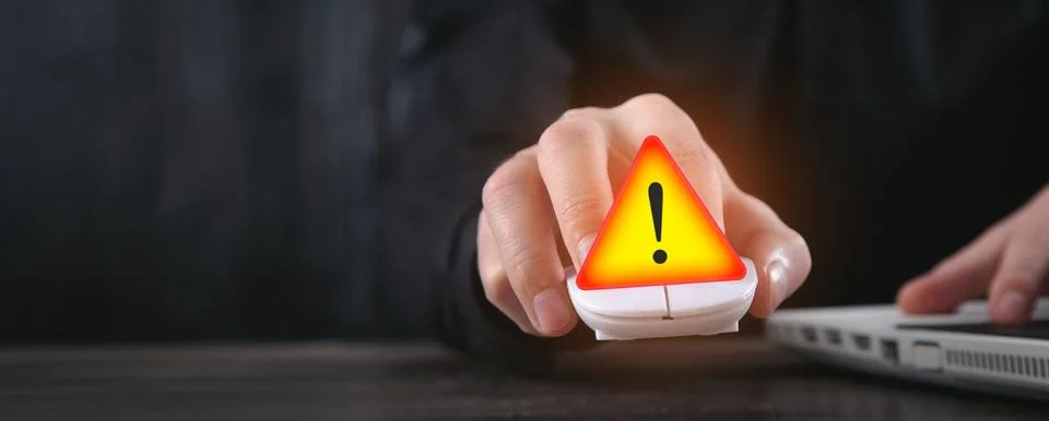 Human using Laptop computer. System hacked warning alert 스톡 사진