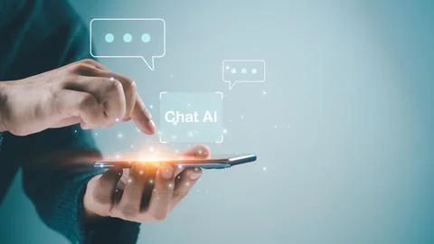 Human using smartphone for digital chatbot, chat Ai, robot application, con.. Stock Photos