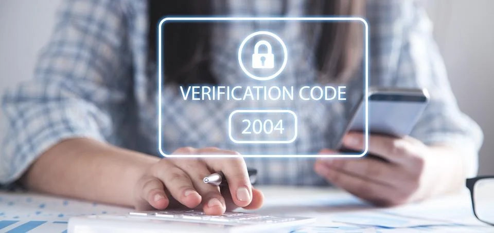 Human using smartphone. Identity verification code, Cyber security Foto stock