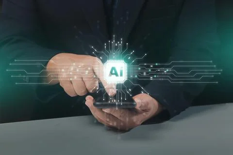 Human using technology smart robot AI, artificial intelligence by enter com.. Stock Photos