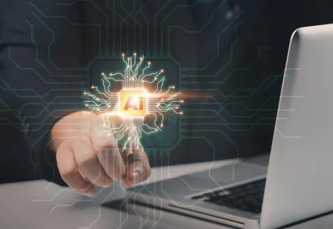 Human using technology smart robot AI, artificial intelligence by enter com.. Stock Photos