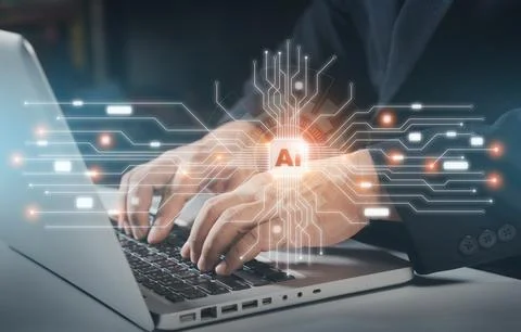 Human using technology smart robot AI, artificial intelligence by enter com.. Stock Photos
