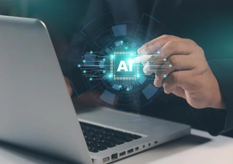 Human using technology smart robot AI, artificial intelligence by enter com.. Stock Photos