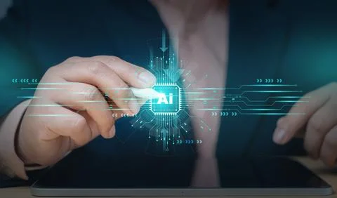 Human using technology smart robot AI, artificial intelligence by enter com.. Stock Photos