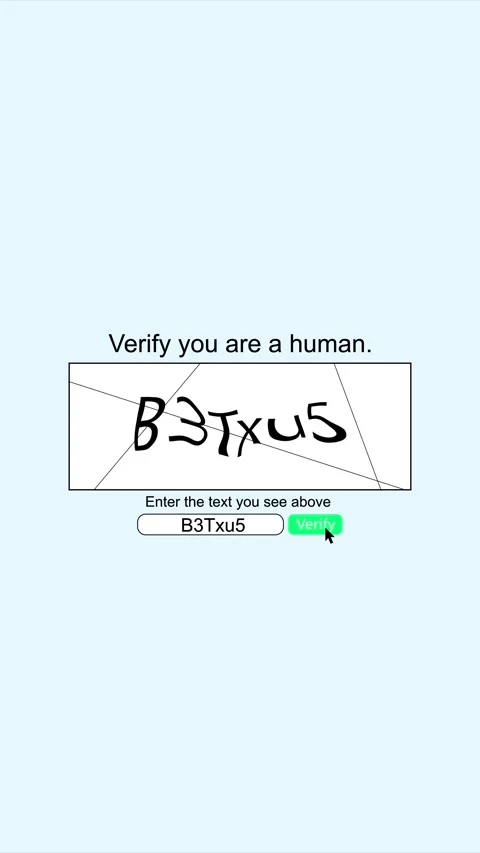 Human verification captcha screen distorted text, pale blue page, input box, ver Stock Footage 340558076