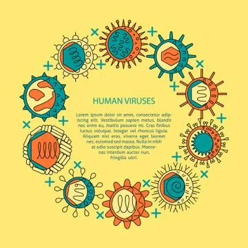Human viruses banner with round frame in line style Stock Illustration
