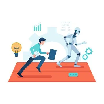 Human vs AI Robot Running a Race for Employment Stock Illustration
