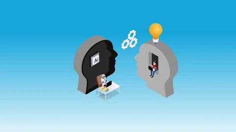 Human vs Artificial Intelligence and Creative Thinking 3d animation cartoon Stock Footage 337945067