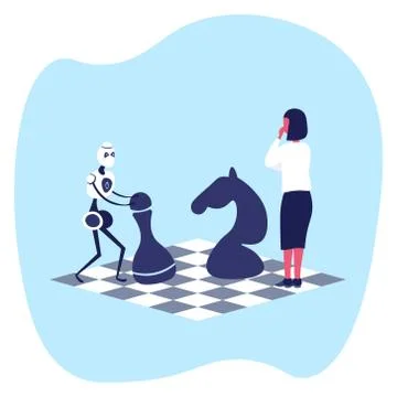 Human vs artificial intelligence business woman playing chess with modern robot Stock Illustration
