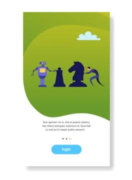 Human vs artificial intelligence businessman playing chess with modern robot Stock Illustration