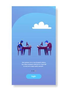 Human vs artificial intelligence businessman and robot working on computers flat Stock Illustration