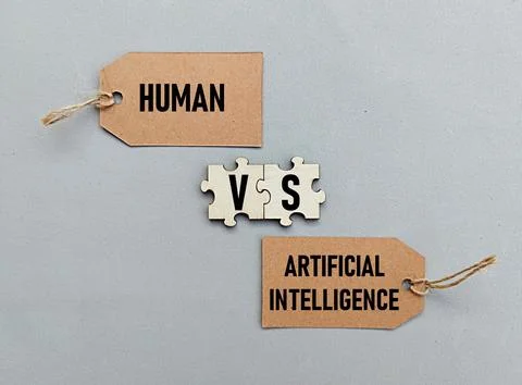 Human vs artificial intelligence printed cards. Business concept. Learning Foto stock