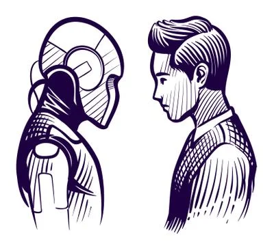 Human vs robot. Conflict of artificial intelligence and human mind. Employee Stock Illustration