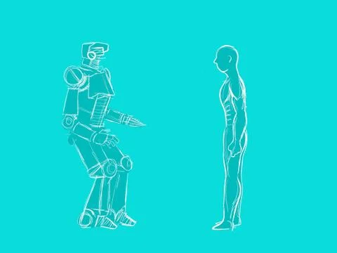Human vs robot illustration with a human standing in front of a robot 스톡 일러스트