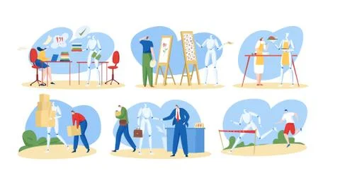 Human vs robot set of isolated vector illustrations. Human and artificial Ilustração Stock