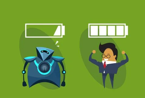Human Vs Robots Modern Robotic And Business Man With Battery Signs Icon Stock Illustration