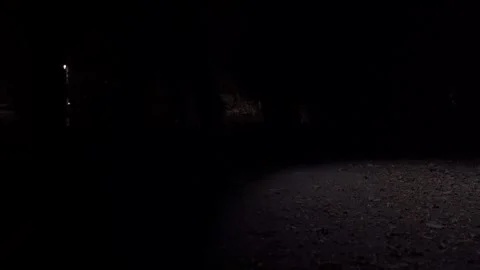 Human Walking At Night With Headlamp Wearing Boots On Dark Path, Wide Shot Stock Footage 337896438