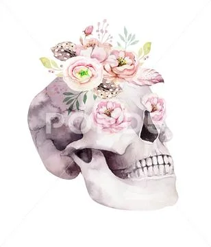 Human watercolor skull with floral bouquets. Head vintage